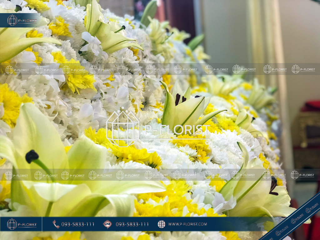 ดอกไม้หน้าฉากกงเต็กแบบจีน วัดสังข์กระจายวรวิหาร รับจัดงานศพ ดอกไม้งานศพ จัดงานศพจีนแบบเรียบง่าย